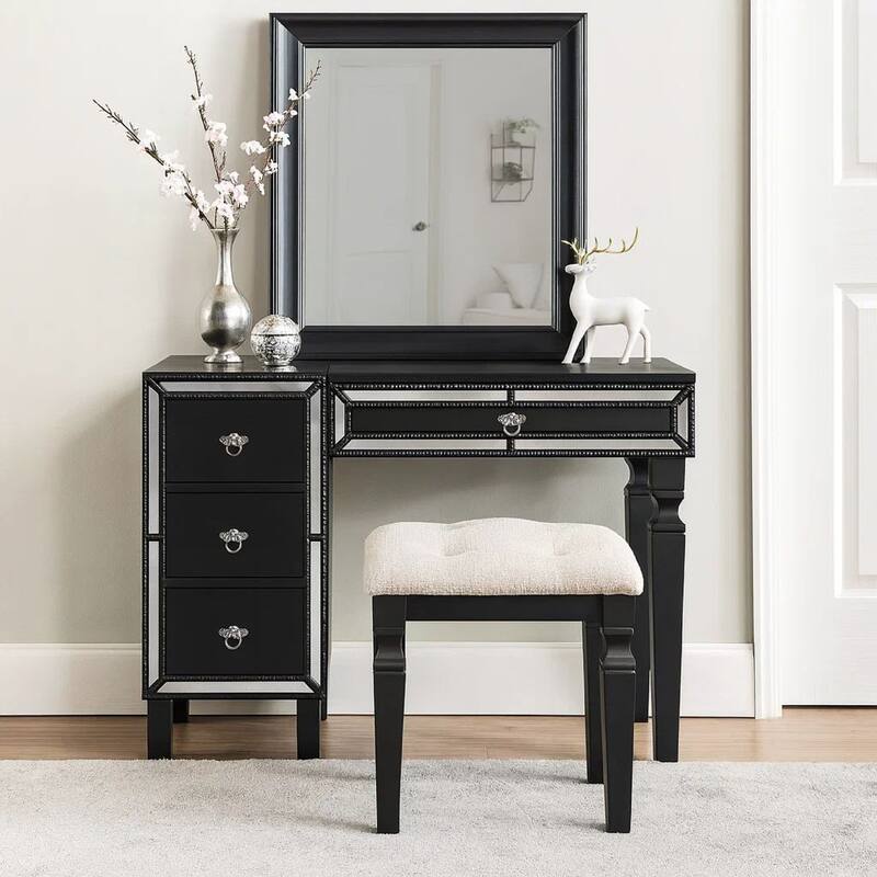 Sosi 47 Inch Vanity Desk Set, Padded Stool, 3 Mirror Inlaid Drawers, Black