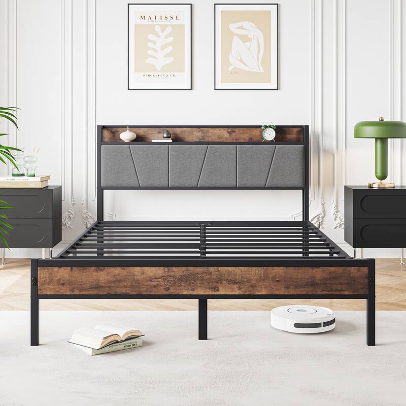 Rustic Platform Bed Metal Slat Bed Frame Mattress Foundation with Charging Station and Upholstered Headboard