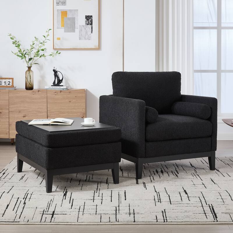 35.4 "Wide Wood Base Square Accent Arm Chair with Ottoman Natural Wood Legs with Reversible Lid Coffee Table