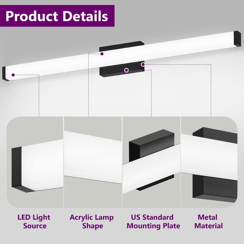 Modern Black LED Bathroom Vanity Light - 6000K Cool White Over Mirror Lighting