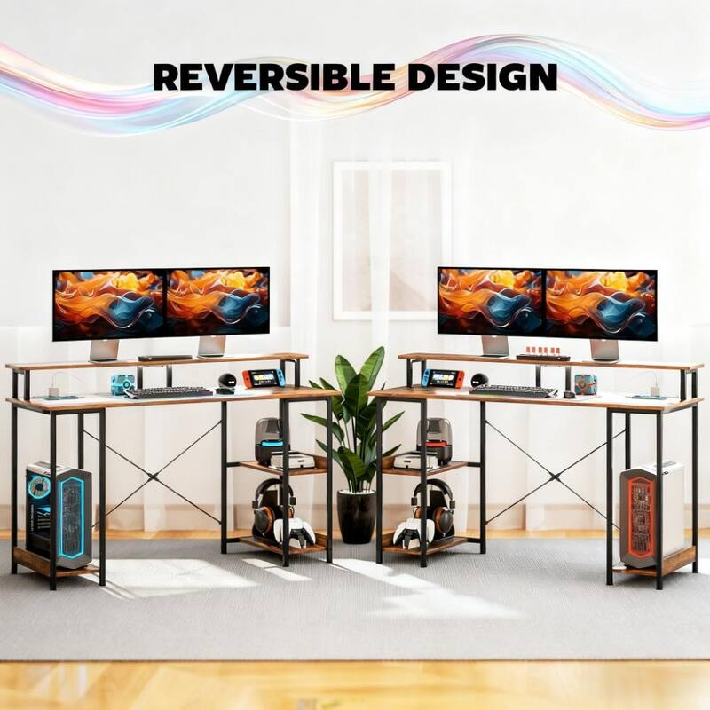 Reversible Computer Desk with Power Outlets and LED Lights, Office Desk with Monitor Stand Storage and CPU Shelf