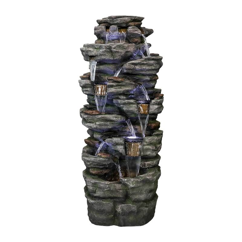 8-Tier Rocks Outdoor Water Fountain-47.2''H Waterfall with LED Light