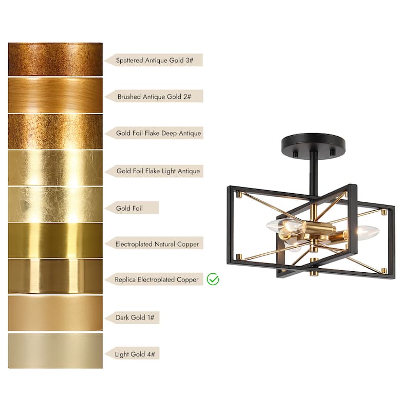 Modern Black Gold 3-Light Sputnik Semi-Flush Mount Ceiling Light Cage Starburst Chandeliers - 13"L x 10.5"H