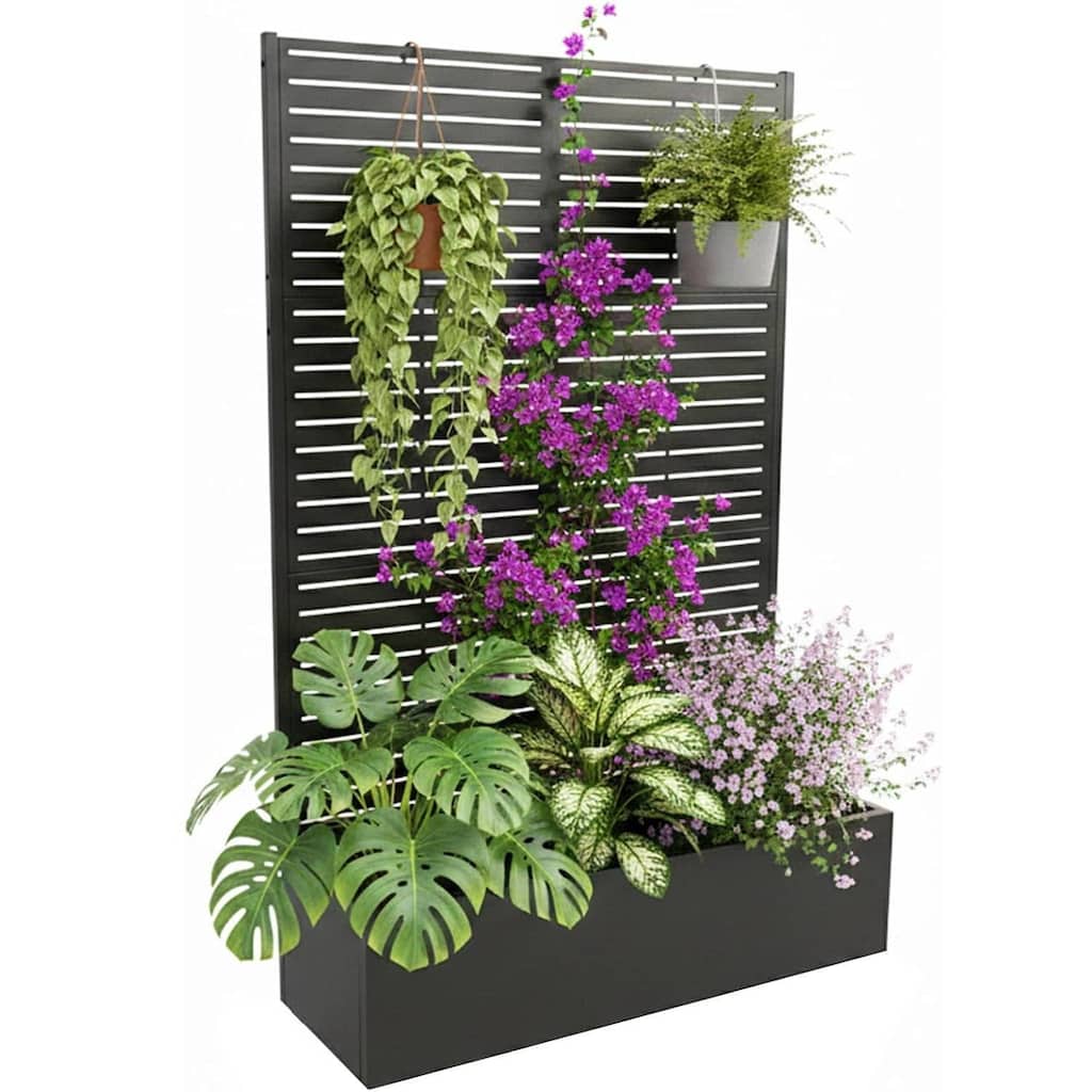 72"*47"*16" Galvanized Raised Garden Bed with Trellis, Planter Box with Privacy Screen, Wheels