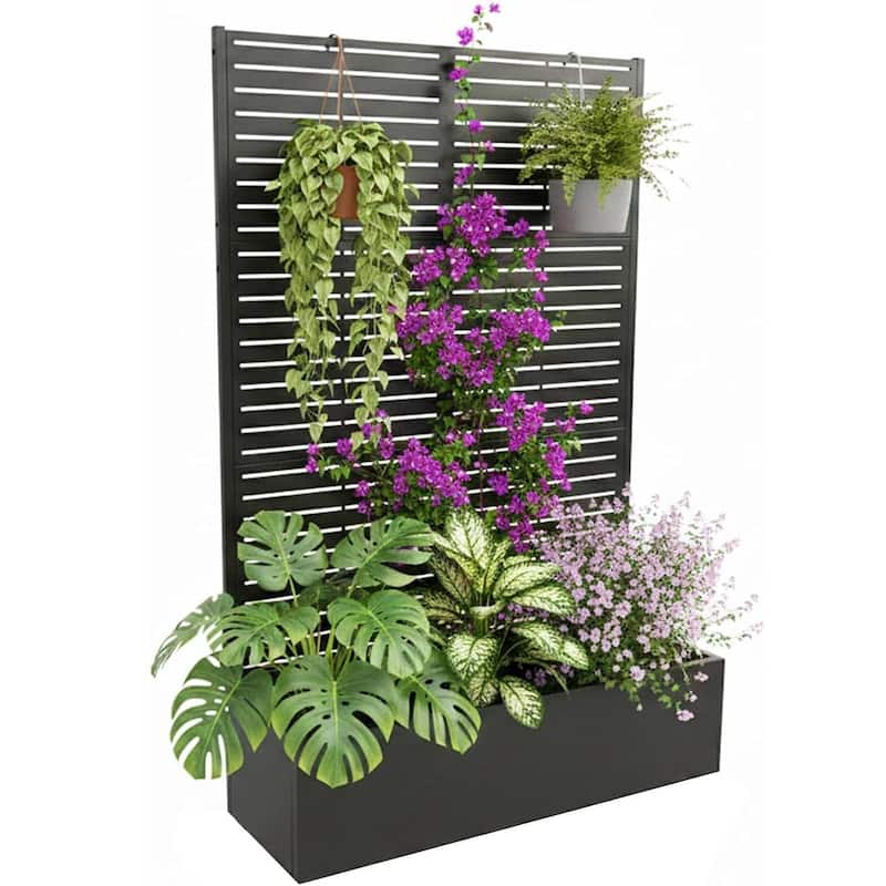 72"*47"*16" Galvanized Raised Garden Bed with Trellis, Planter Box with Privacy Screen - Black