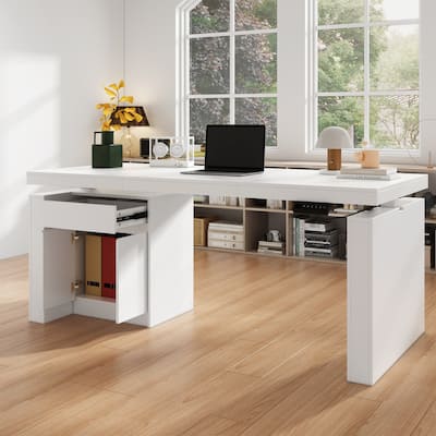 Ergonomic Sit-Stand Desk Pure White Elegance with Side Cabinet Table