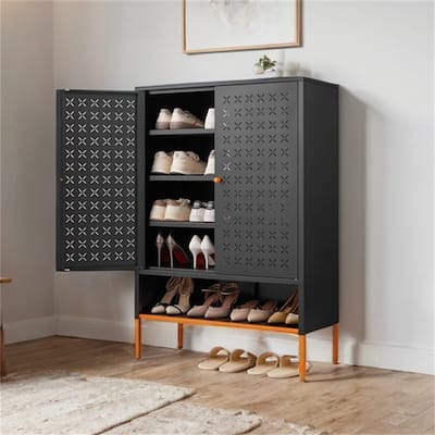 Double Door Metal Shoe Cabinet with 2 Removable Adjustable Shelves