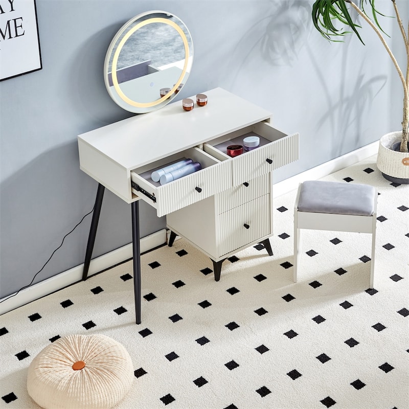 Fluted Makeup Vanity Desk with Round LED Mirror,4 Drawers - Milk White