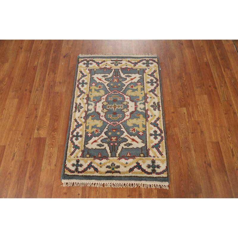 Blue Geometric Oushak Oriental Foyer Rug Handmade Wool Carpet - 2'0"x 3'0"