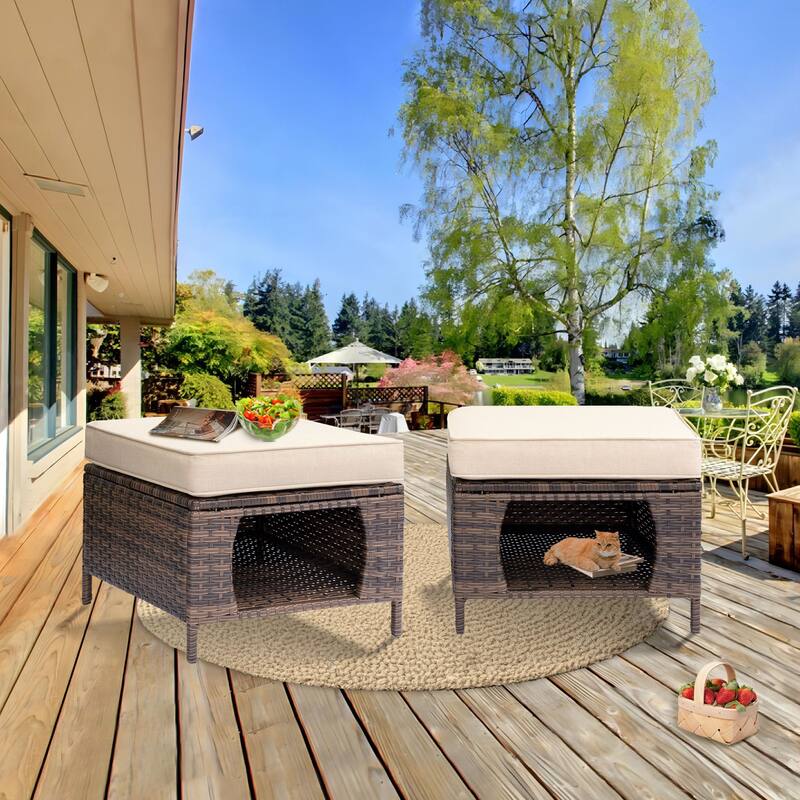 2 Pieces Outdoor Patio Furniture Rattan Storage Ottoman with Cushion - Creamy White Cushion-Brown Wicker