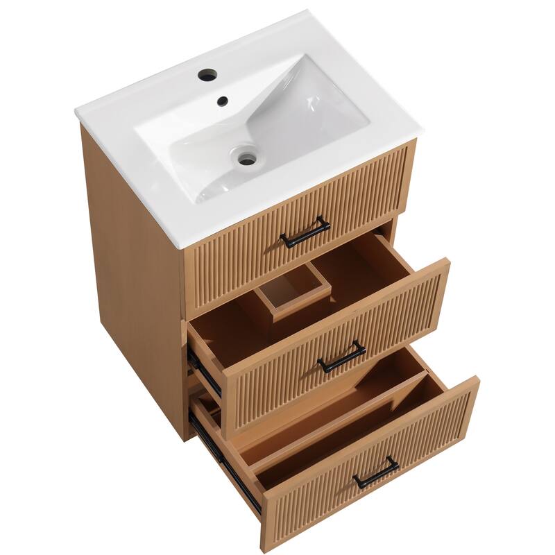 30" Freestanding Bathroom Vanity with Ceramic Sink and 2 Storage Drawers, Stylish Gray Floor Cabinet