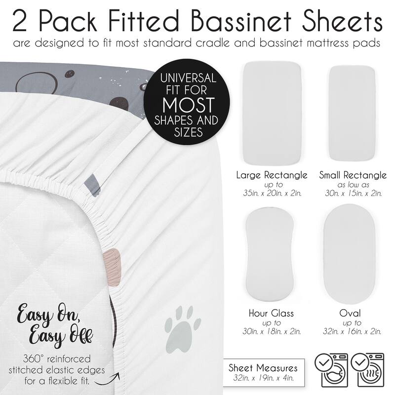 Sweet Jojo Designs Dog Boy, Girl, Unisex/Gender Neutral 2 Pack Baby Bassinet Fitted Sheets - Black & White Hatch & Modern, Puppy