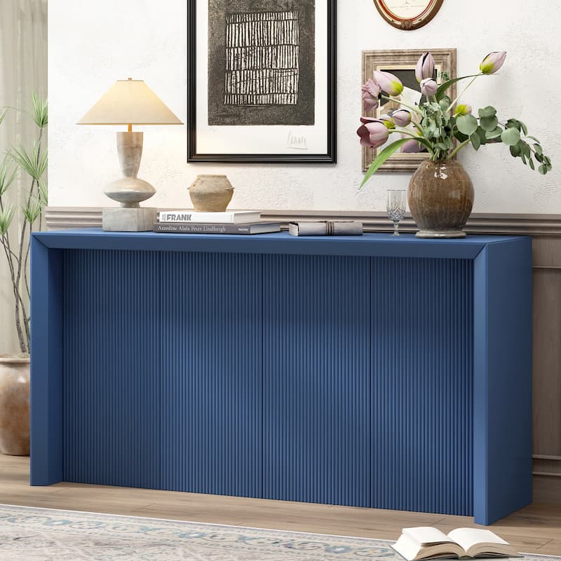 Acacia Wood Veneer Simple Entryway Table With Wavy Design,Suitable For Study,Entryway,Hallway, Living Room, Foyer - Navy Blue