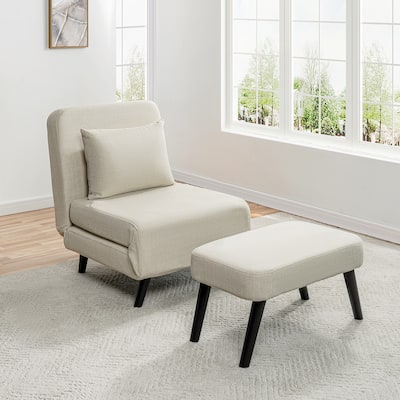 3 in 1 Foldable Linen Chaise Lounge with Adjustable Backrest, Footrest & Detachable Pillow, Convertible Chair Bed, Accent Chair