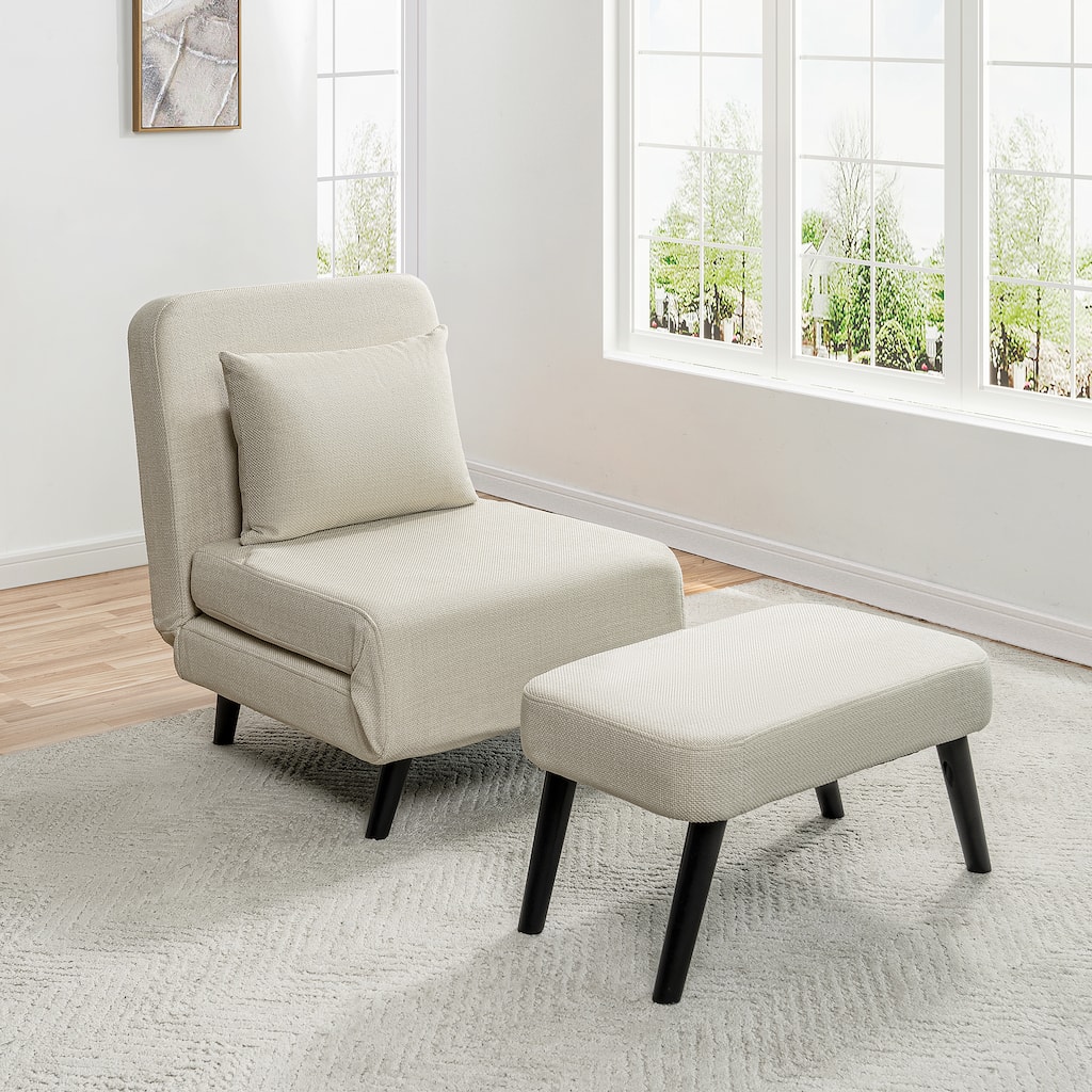 Beige Convertible Chair Bed Accent Chair Foldable Linen Chaise Lounge Sofa Bed with Adjustable Backrest