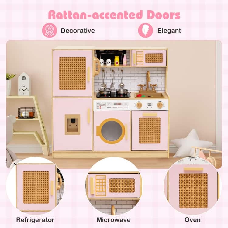 MDF Rattan Kids Play Kitchen with Lights, Sounds and Accessories - 33" × 10" × 31.5"