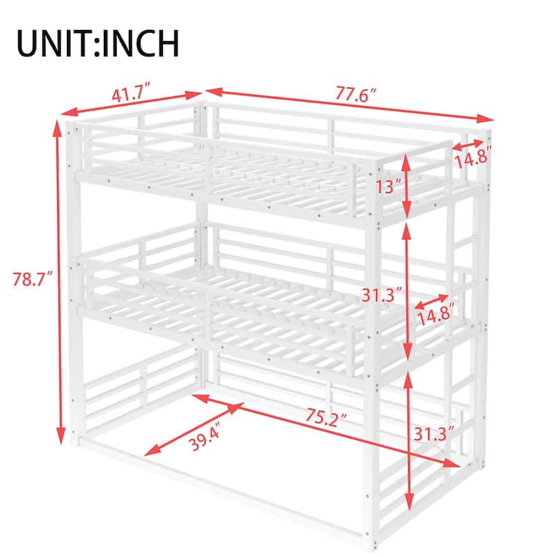 Roomfitters Twin/Full/Queen Metal Triple Bunk Bed with Safety Guardrails, Heavy-Duty Noise-Reduced Frame, White