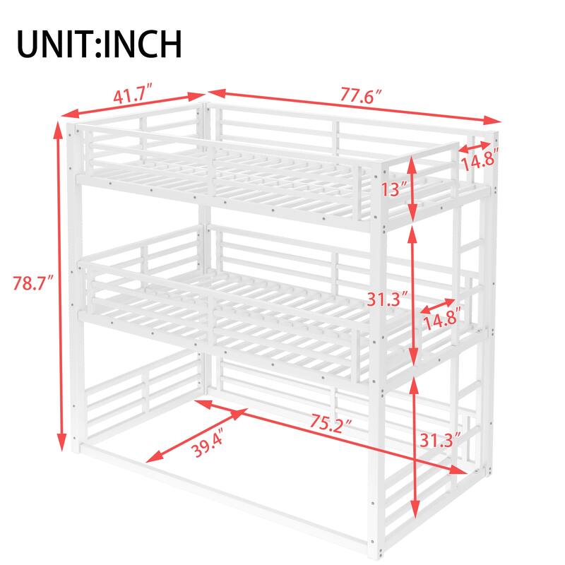 Twin over Twin over Twin Bunk Bed, Metal Triple Bunk Bed with Safety Guardrails, Heavy-duty Bunk Bed with Noise-reduced Design