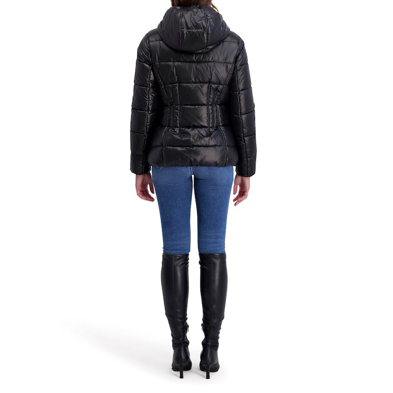 Kensie Quilted Hood Short Puffer Jacket - Black - M