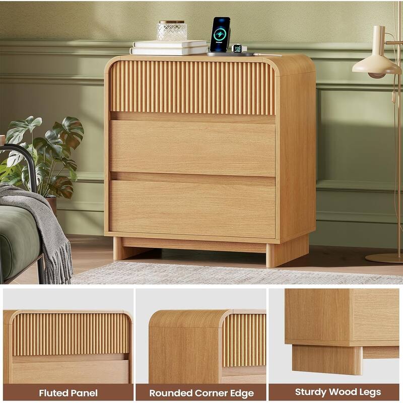Fluted Nightstand with Charging Station 3 Drawers Dresser End Table