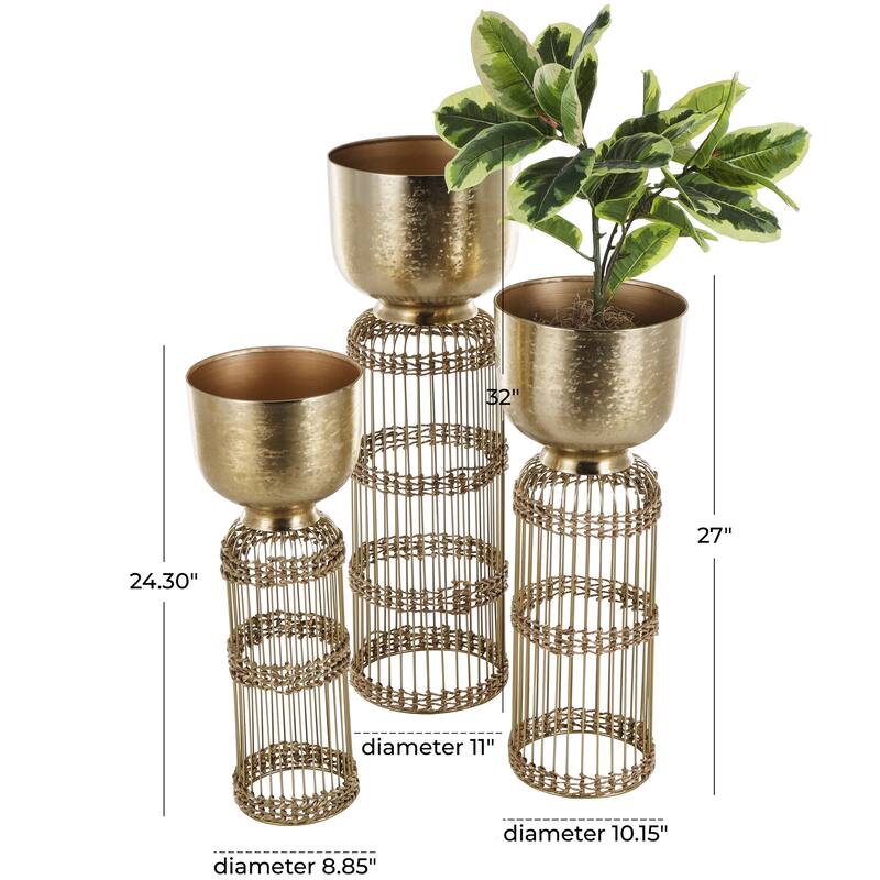 Silver or Gold Metal Caged Wire Planter with Woven Seagrass Accents (Set of 3)