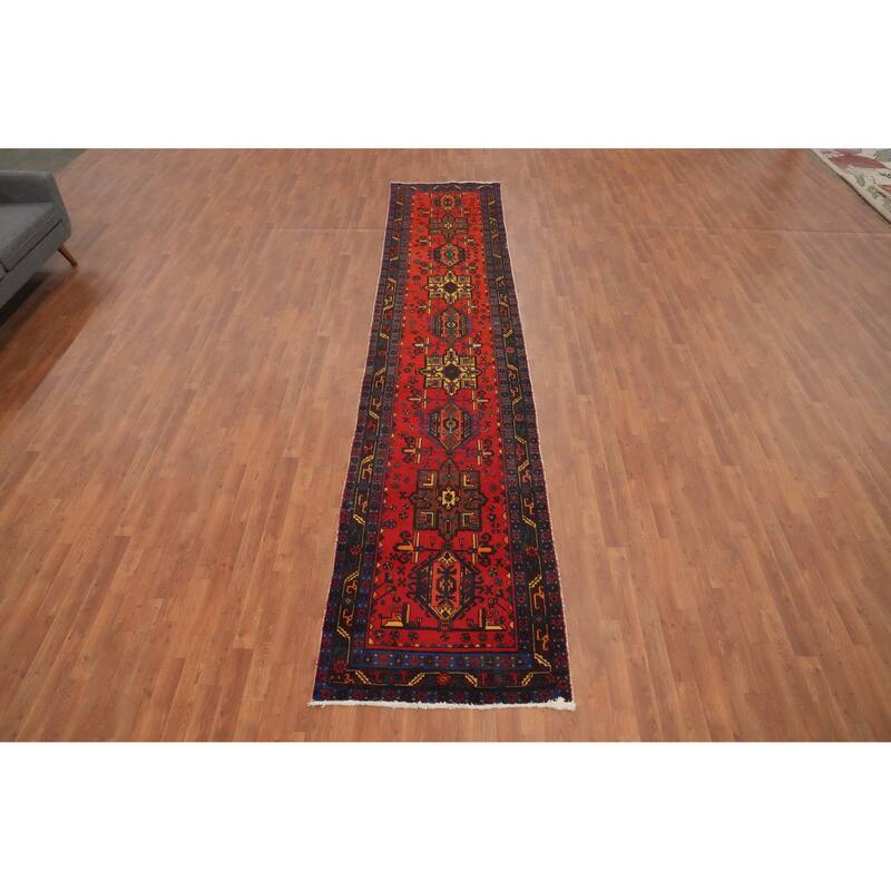 Hand Knotted Oriental 100% Wool Carpet Traditional Geometric Oranges & Rust Heriz Runner Rug - 14' 9'' X 3' 0''