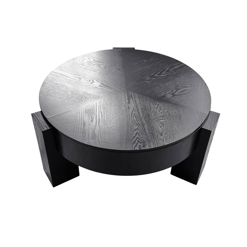 33" Round Coffee Table with Hidden Storage, Parquet Veneer Top Table, 3 Block Legs Sturdy Center Accent Table for Living Room