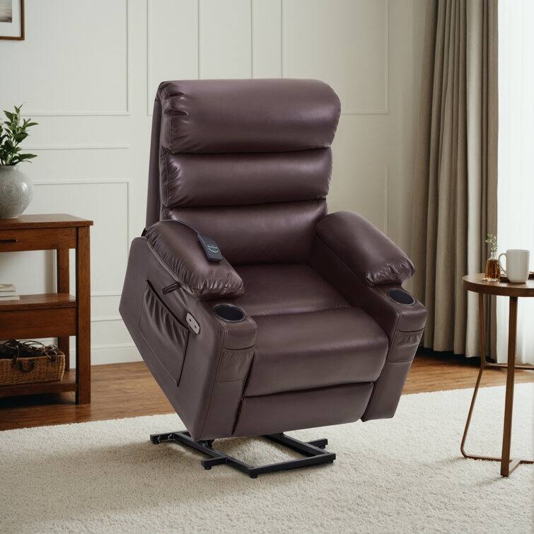 Power Recliner Lift Assit Chair with Vibration Massage and Heat, Faux Leather, 350 lbs - Brown