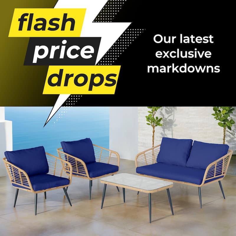 4-Piece Outdoor Patio Furniture Set with Cushions & Tempered Glass Table, Rattan Bistro Set for Garden, Porch, Backyard