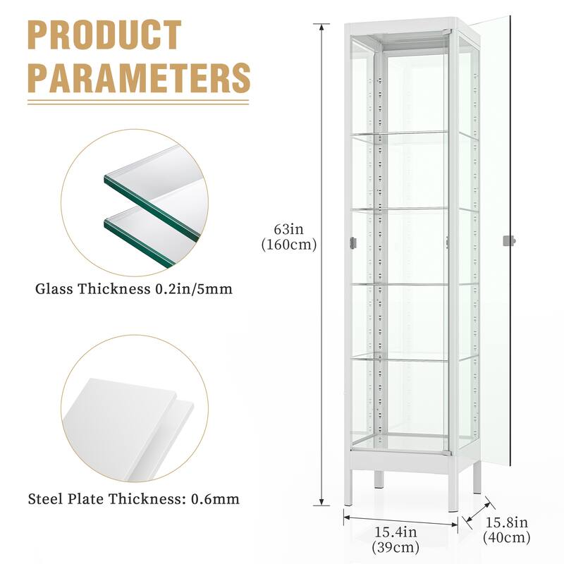 5-Tier Tempered Glass Curio Display Cabinet with Adjustable Shelves - 63"H x 15.4"W x 15.8"D