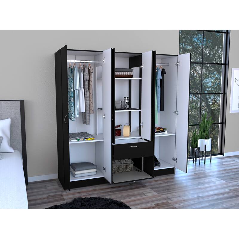 18.62" Modern Six-door Armoire with Hanging Rod, Spacious Drawer and Three Interior Shelves