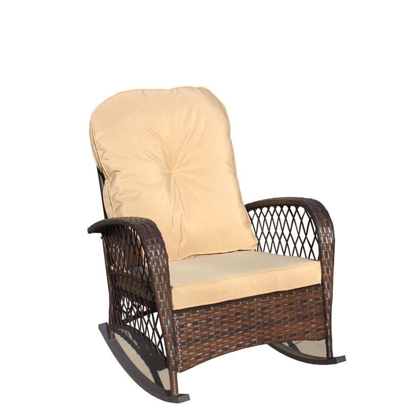 Outdoor Wicker Rocking Chair with Wide Seat, All- Weather Rattan Armchair for Poolside, Garden, Porch, Backyard