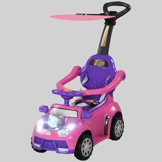 Baby Push Car for 1-3 Years, 3-in-1 Ride-On Car with Removable Handle, Music, Safety Fence, Canopy for Boys and Girls