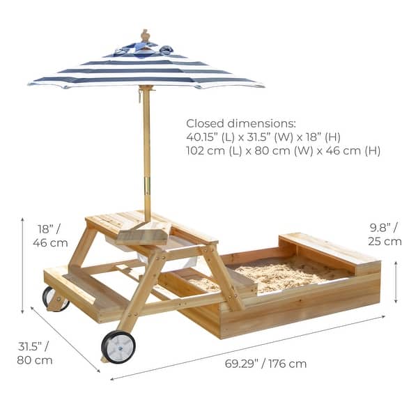 Teamson Kids Outdoor Explorer 2 in 1 Wooden Sandbox Picnic Table with Accessories