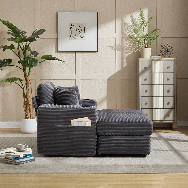 Corduroy Upholstered Chaise Lounge Sofa,Magazine bag,Detachable Cushions Deep Seat for Living Room Office