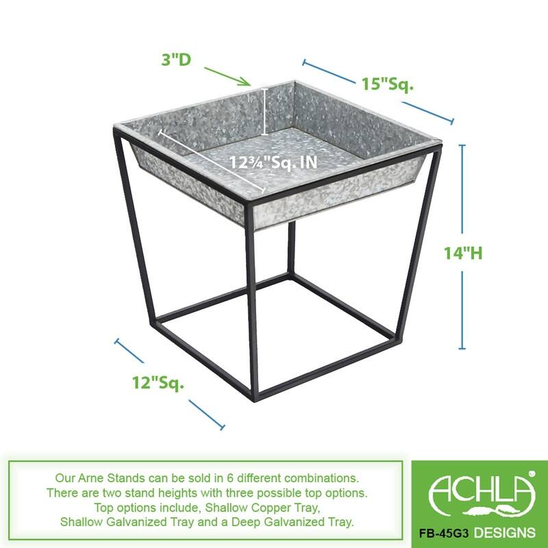 Achla Designs Small Indoor Outdoor Arne Plant Stand With Galvanized Tray, 14 Inch Tall, Black Powder Coat Finish