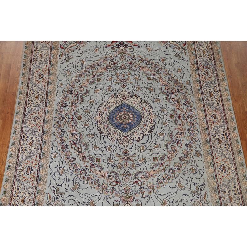 Hand Knotted Oriental 100% Wool Carpet Traditional Floral Greys & Charcoal Kashan Area Rug - 9' 6'' X 6' 6''