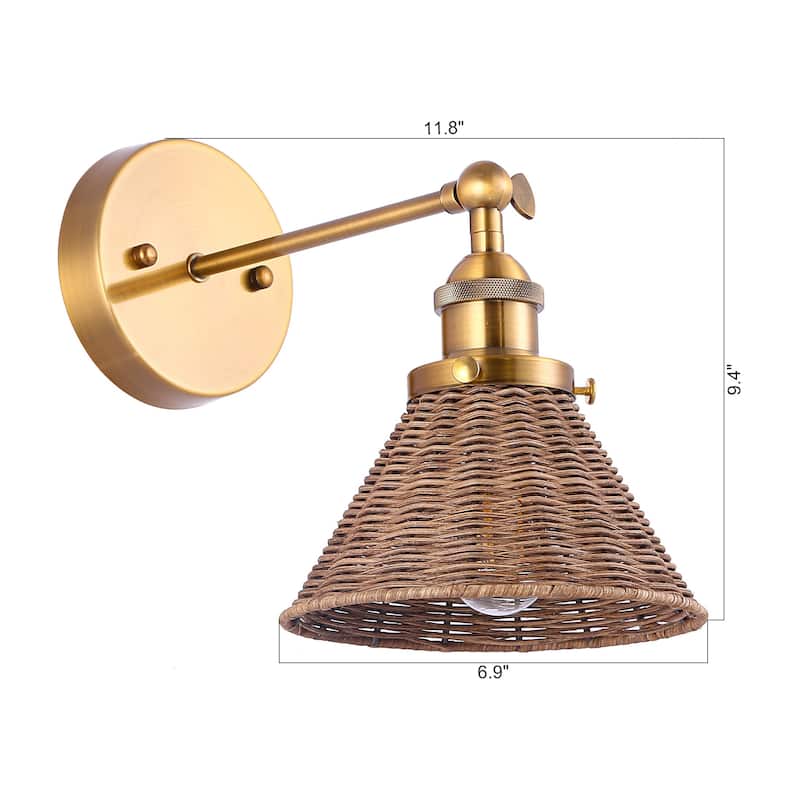 1-Light Farmhouse Brown Rattan Gold Brass Wall Swing Arm Lamp Wall Sconce