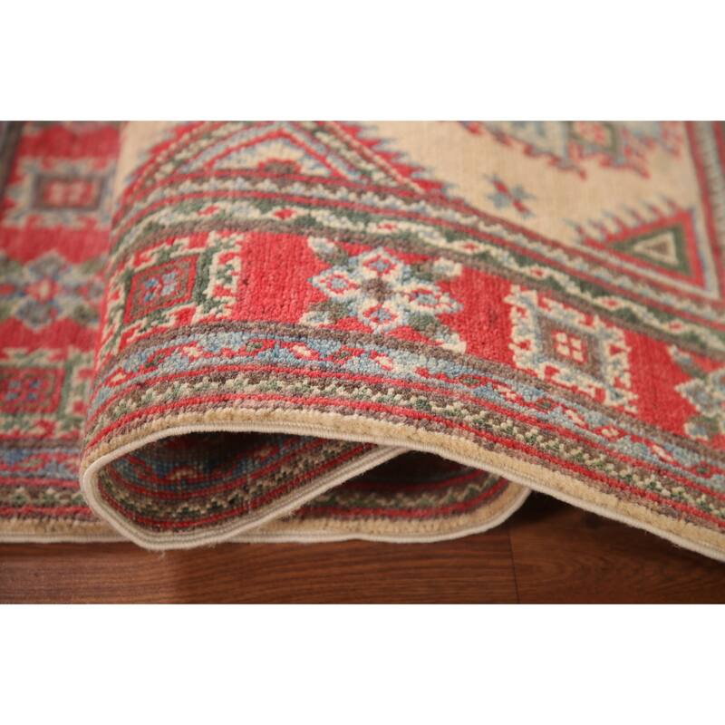 Geometric Kazak Accent Rug Handmade Oriental Beige Wool Carpet - 2'9"x 4'0"
