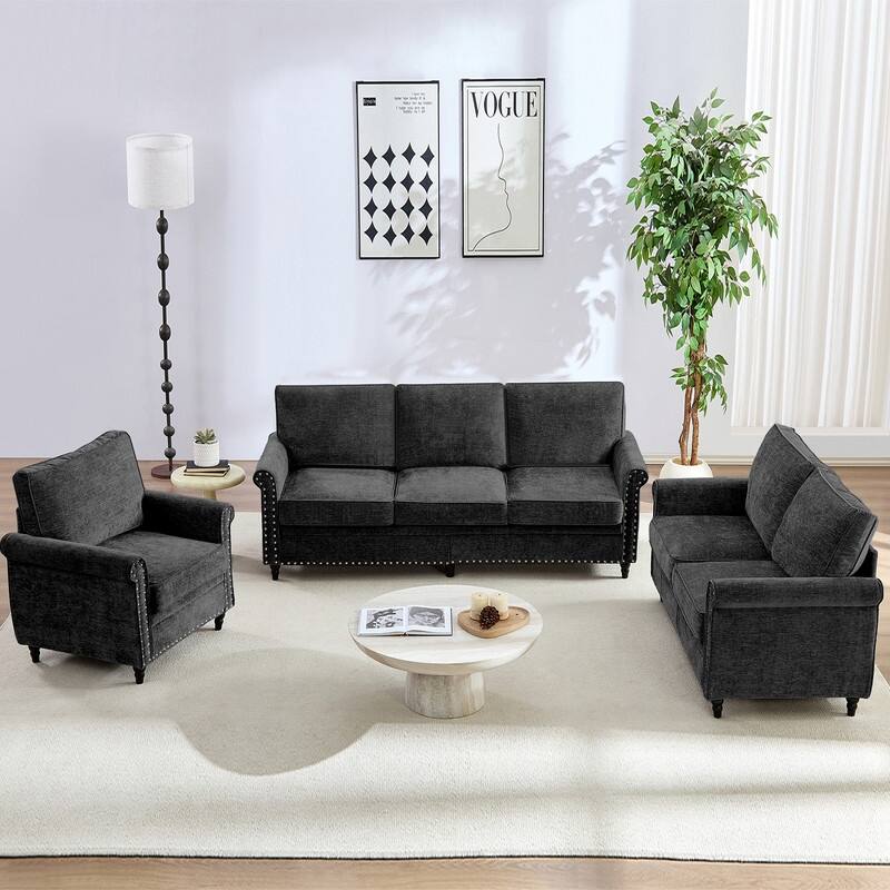 Mixoy 3Piece Chenille Living Room Sofa Set,Modern 3-Seater Sofa Couch&Loveseat Sofa&Single Sofa Armchair Set,Unique Riveted Look