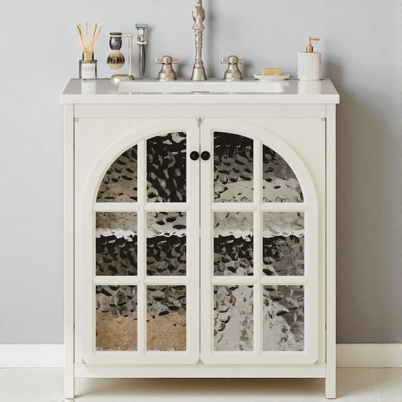 31" Farmhouse Bathroom Vanity with Ceramic Sink, Vintage Rustic Cabinet, Soft-Close Doors, Bronze Pulls - White