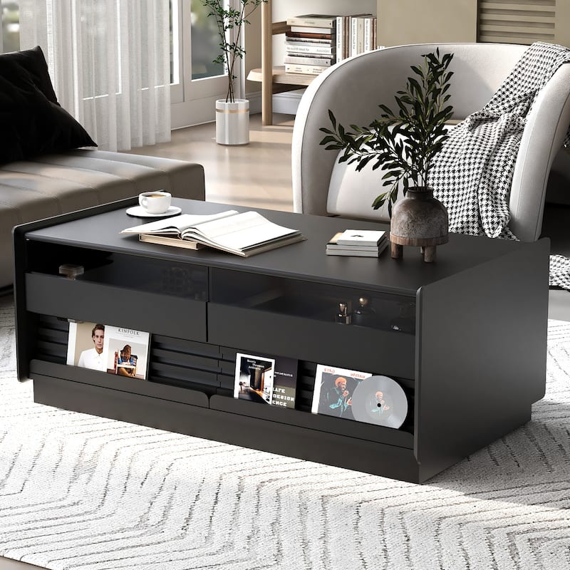 Modern Coffee Table with Tempered Glass Drawers & Grooved Design, End Table Office Table with Open Display Shelves