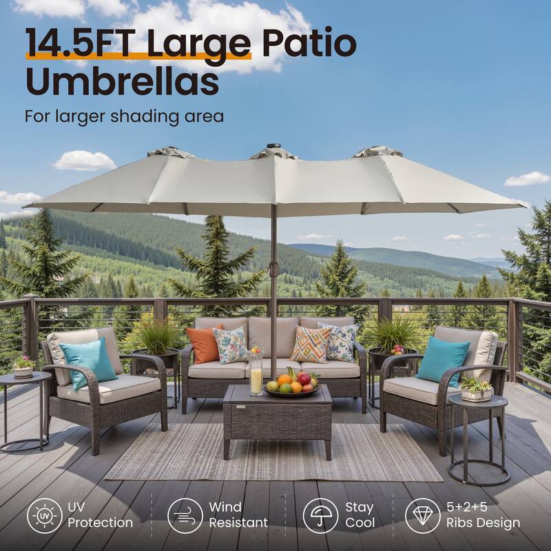​OVIOS 15ft Double-Sided Patio Outdoor Umbrella with Crank & Light