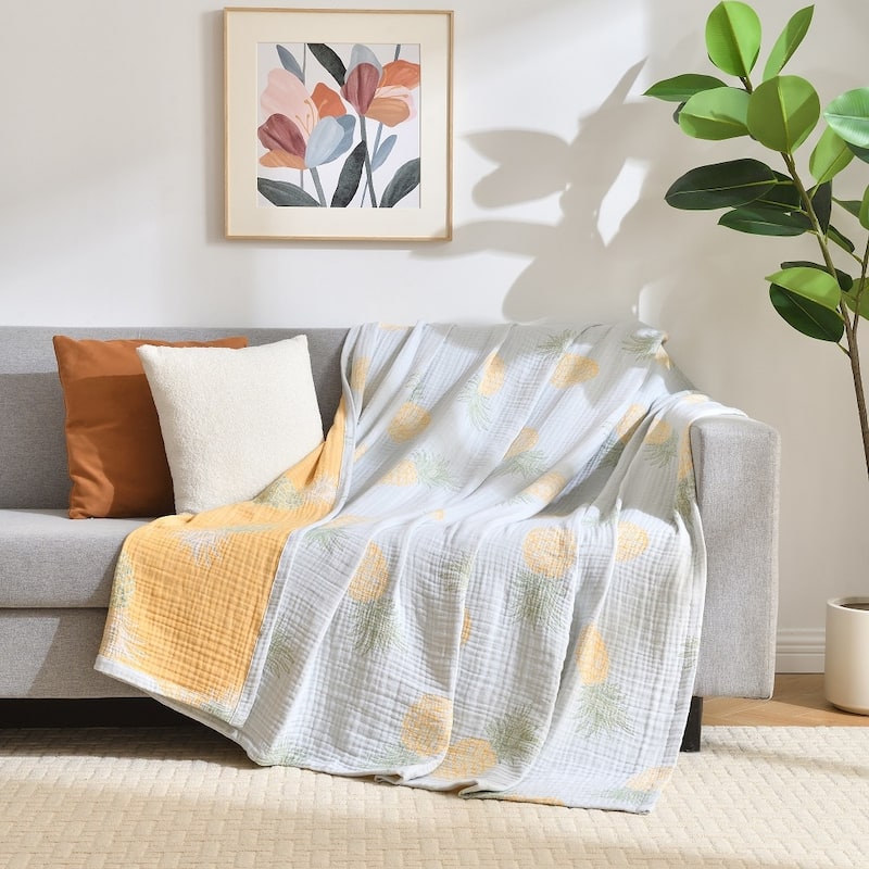 Vintage Cotton Muslin Throw Blanket, Reversible, Breathable for Indoor/Outdoor Use, Picnics, Bedding, or Chair Cover
