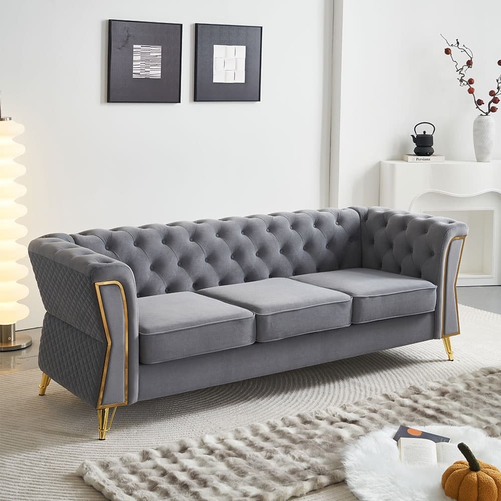 Mid-century Couch Velvet Upholstered Sofa with Button Tufted Backrest, Unique Armrest Design and Golden Metal Decor