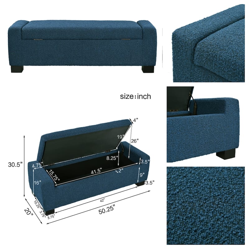 Rectangular Ottoman Bench in Textured Fabric with Hinged Lid for Seating, Footrest and Hidden Storage