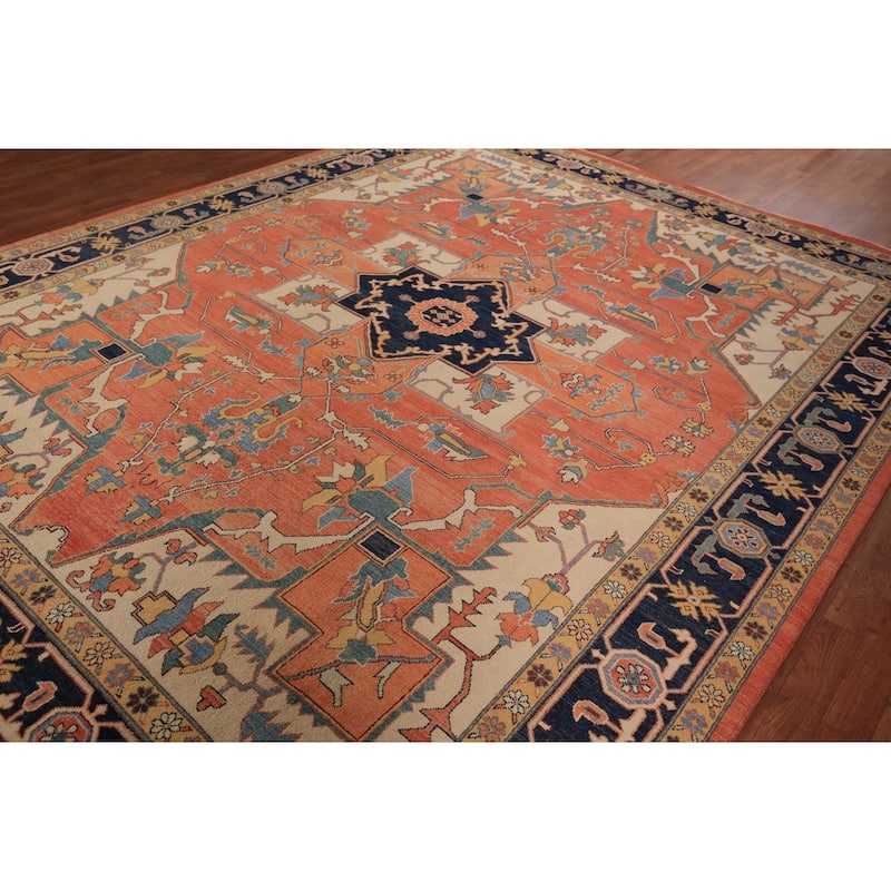 Vegetable Dye Orange Heriz Oriental Area Rug Handmade Wool Carpet - 8'11" x 11'4"