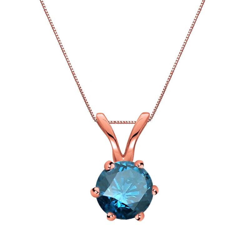 Auriya 14k Gold 1/2ctw Round Solitaire Blue Diamond Necklace 6-Prong (SI1-SI2) - Rose