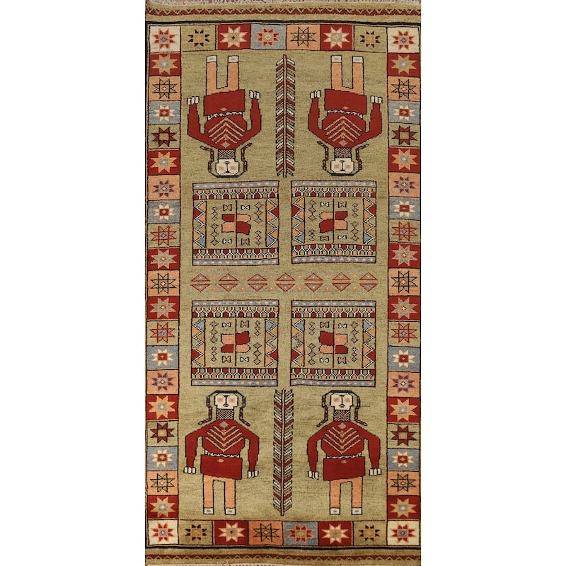 Hand Knotted Oriental 100% Wool Carpet Traditional Tribal Green Heriz (serapi) Runner Rug - 9' 11'' X 4' 1''