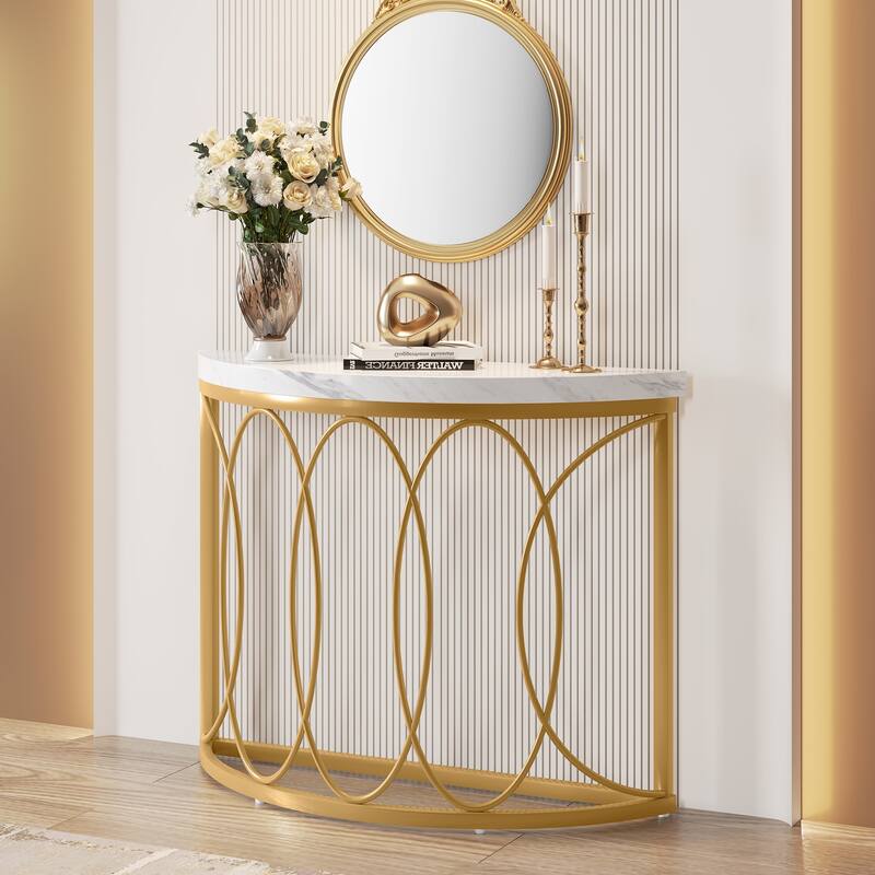 Half Moon Console Table for Entryway, 43 Inch Sofa Table with Faux Marble Top, White and Gold Accent Table